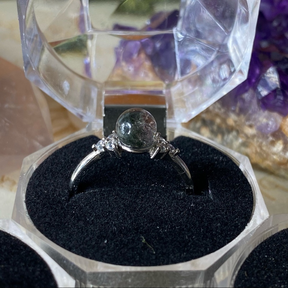 Garden Quartz Crystal Sphere Ball Silver Adjustable Ring Healing Stone Spiritual